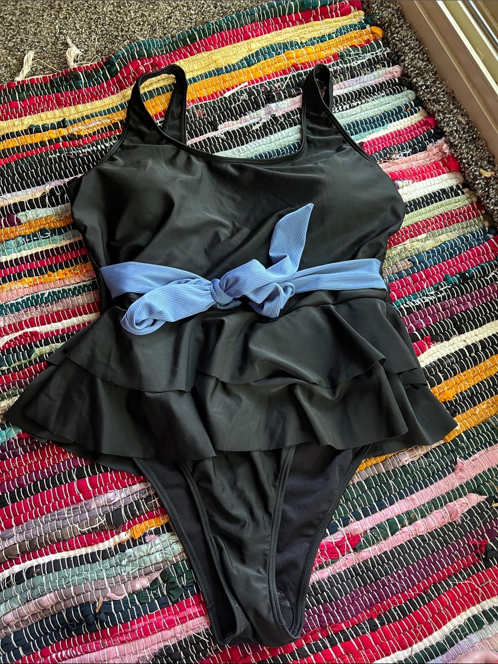 SHEIN Black One-Piece Swimsuit with Light Blue Bow